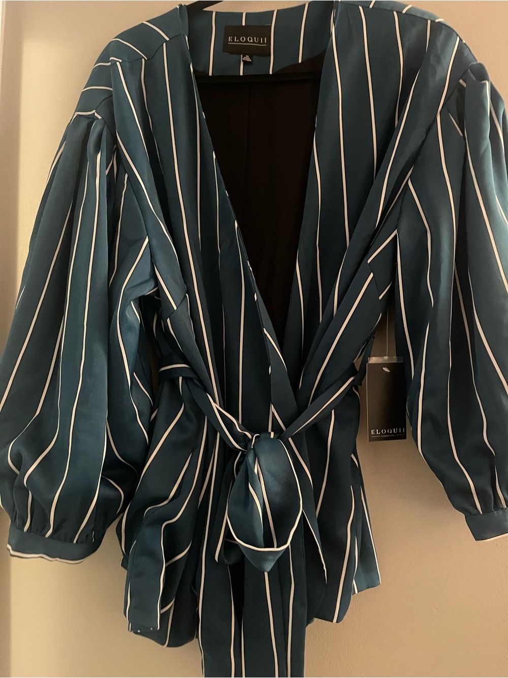 Eloquii Teal and White Striped Wrap Blouse